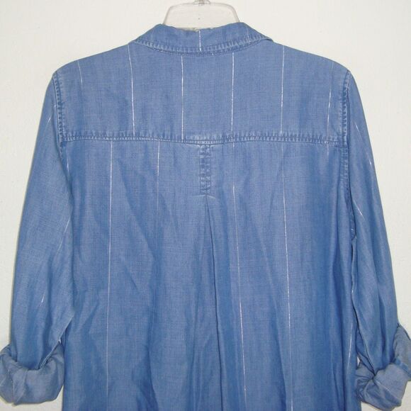 Side Stitch Chambray Button Front Tunic Roll-Tab Sleeve Women's M Silver Stripe - Picture 9 of 12